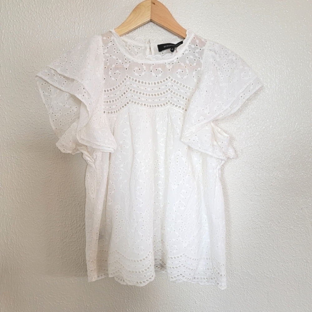 BCBGMaxazria Babydoll Eyelet Lace 100% Cotton Blouse sz XS White